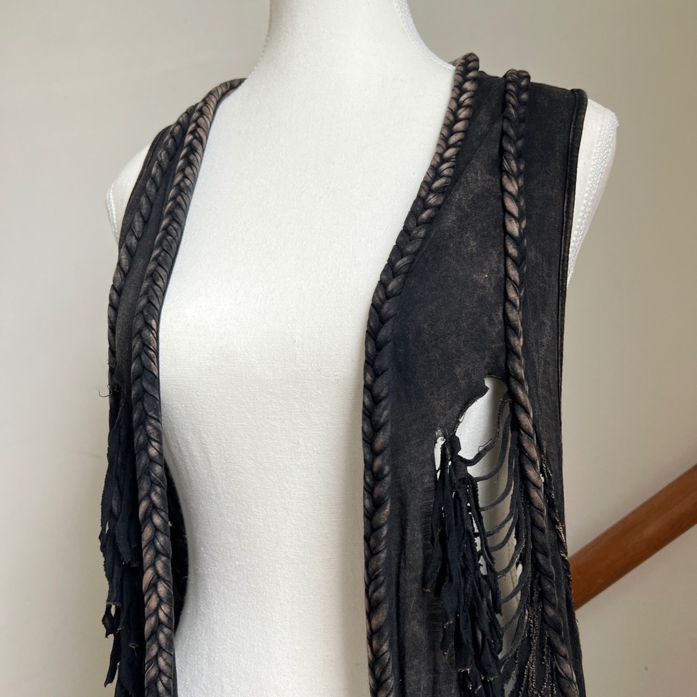 Rock & Roll Cowgirl Vest Large Black Braided Fringe Western Boho Edgy Festival - Picture 10 of 15